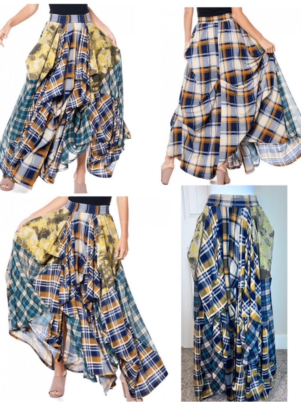 TOV Noir The Damsel's Yellow Plaid Flowing Maxi Skirt Pockets!! Sz EU42 US10